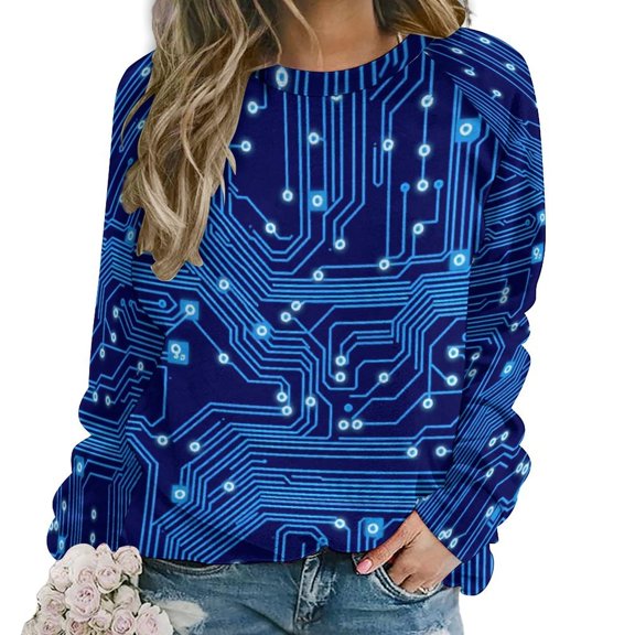 Digital Circuit Board Sweatshirts Women T-shirt Long Sleeve O-neck Pullover Large Size Loose Tops
