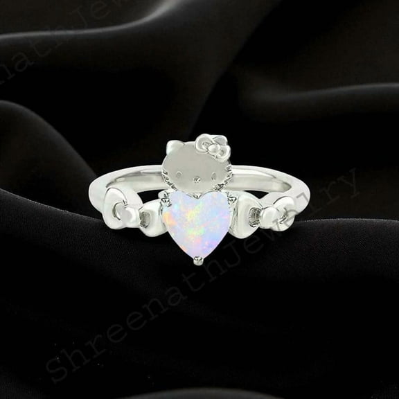 SHREENATHJEWELRY Kitty Inspired Ring Hello Cute Kitty Opal Ring Japanese Cartoon Novelty Ring 925 Silver Kitty Ring Animal Lover Jewelry Cat Lover Gift
