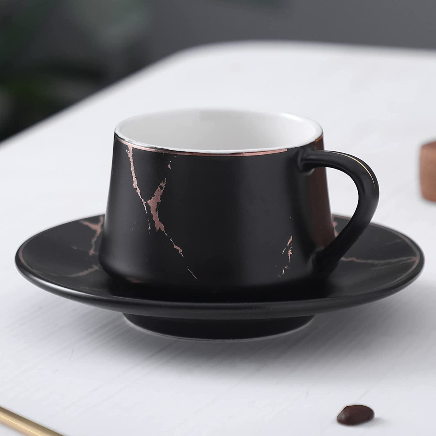 Modern Tea Cup Set DANSHER Ceramic Coffee Cups with Saucers 4 Ounce Gold Marble Pattern Porcelain Coffee Mugs Set Black Set of 6 Small Espresso Cups