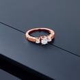 thumbnail image 3 of Gem Stone King 18K Rose Gold Plated Silver 3-Stone Ring Round Sky Blue Aquamarine and Moissanite (0.83 Cttw, Size 7), 3 of 4