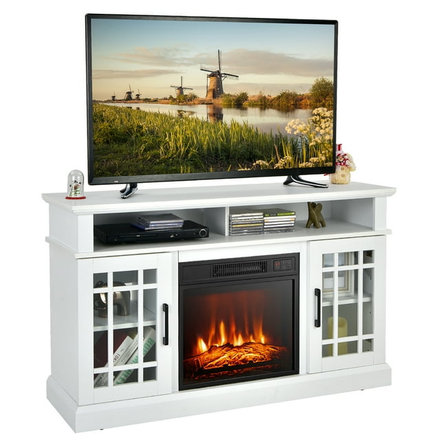Gymax Meuble Télé 48 Pieds' Console Armoire avec Foyer Centre de Divertissement pour Salon Blanc