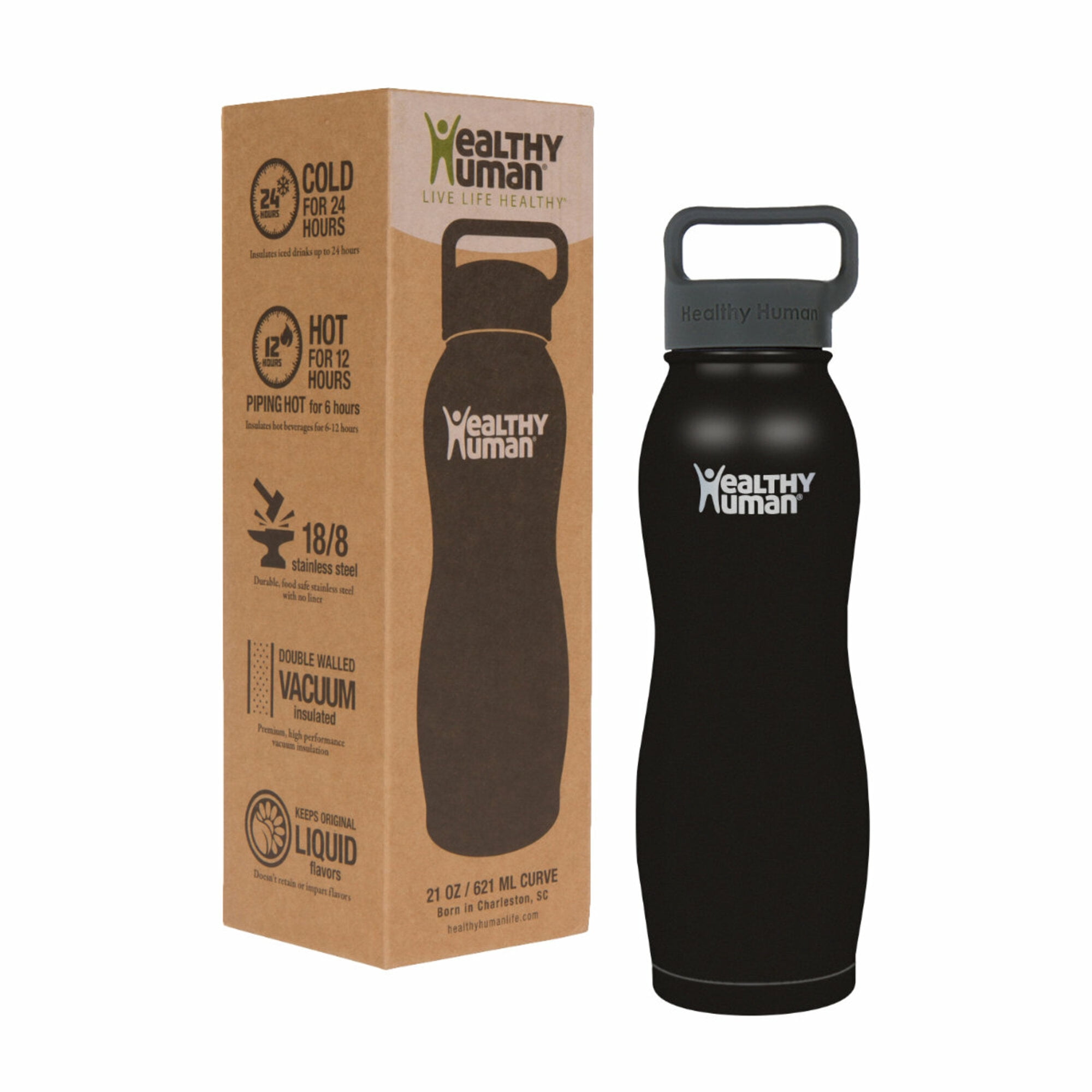 Healthy Human Stainless Steel Curve Water Bottle | 100% BPA Free Thermos for Kids & Adults | Double Walled Vacuum Insulated | Metal Bottles with Leak Proof Lid (21 oz/ 621 ML, Pure Black)