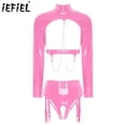 thumbnail image 2 of Conjunto de lencería para mujer, liguero con entrepierna abierta, aspecto húmedo, cadenas recortadas de charol, Top corto con cremallera y bragas de cintura alta, 2 of 5