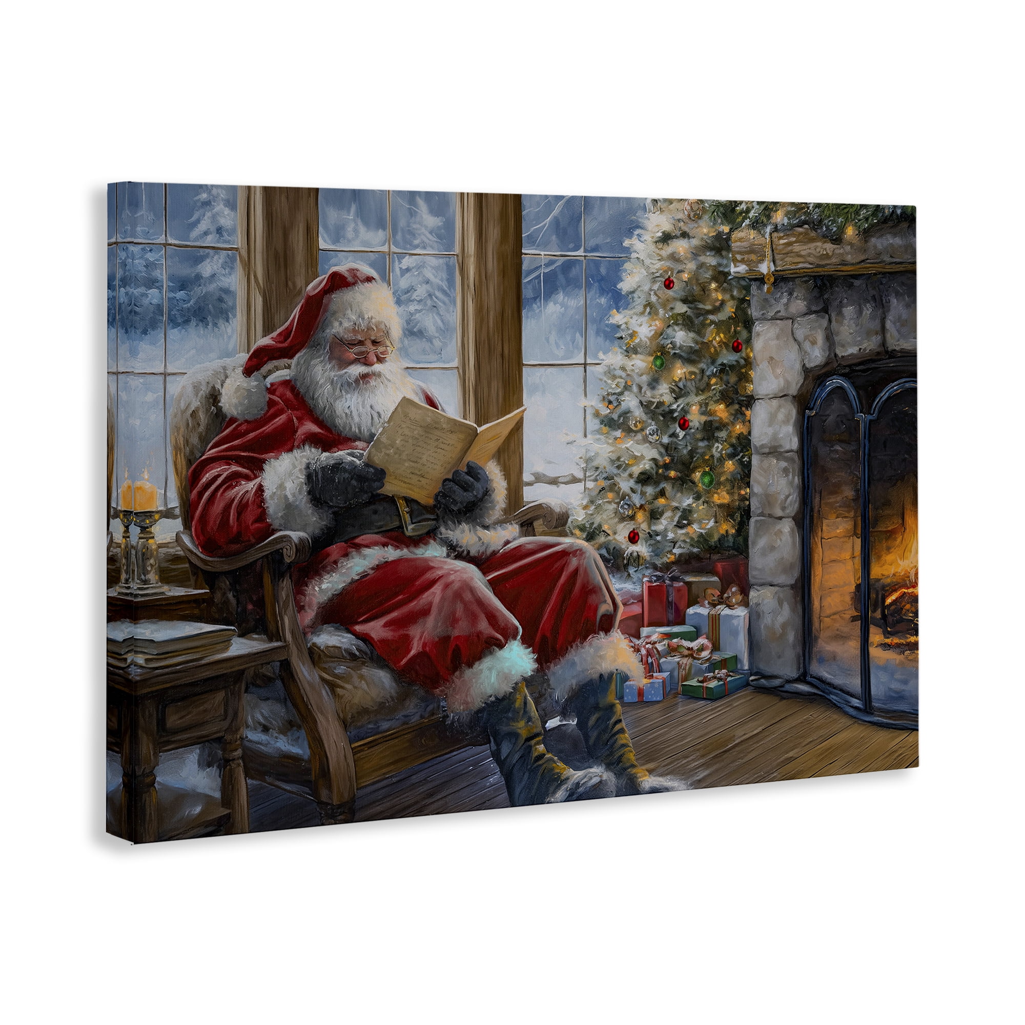 Stupell Industries Santa Reading by Fire Holiday Painting Gallery Wrapped Canvas Art Prints Wall Art, 45 x 30