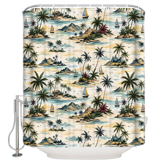 Coastal Palm Trees Bathroom Shower Curtains with 12 Hooks Polyester Waterproof Shower Curtain for Stalls and Bathtubs Summer Ocean Sailboat Nautical Scene Decorative Bathroom Curtain 72x72 Inches