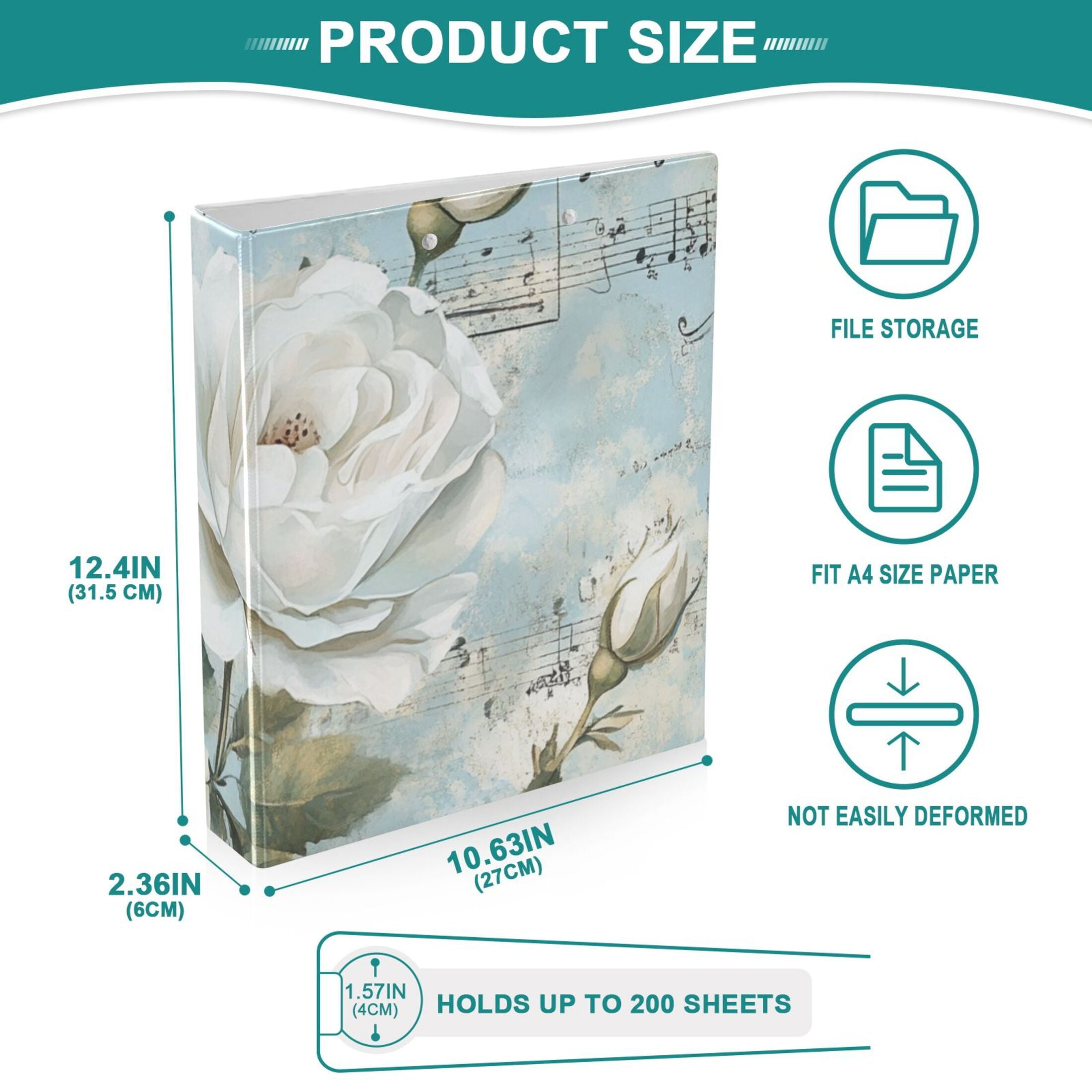 White Rose Music Notes 3 Ring Binders 1.5 inch Hardcover File Folders with Interior Pockets A4 Size Organizer for School Office Hospital