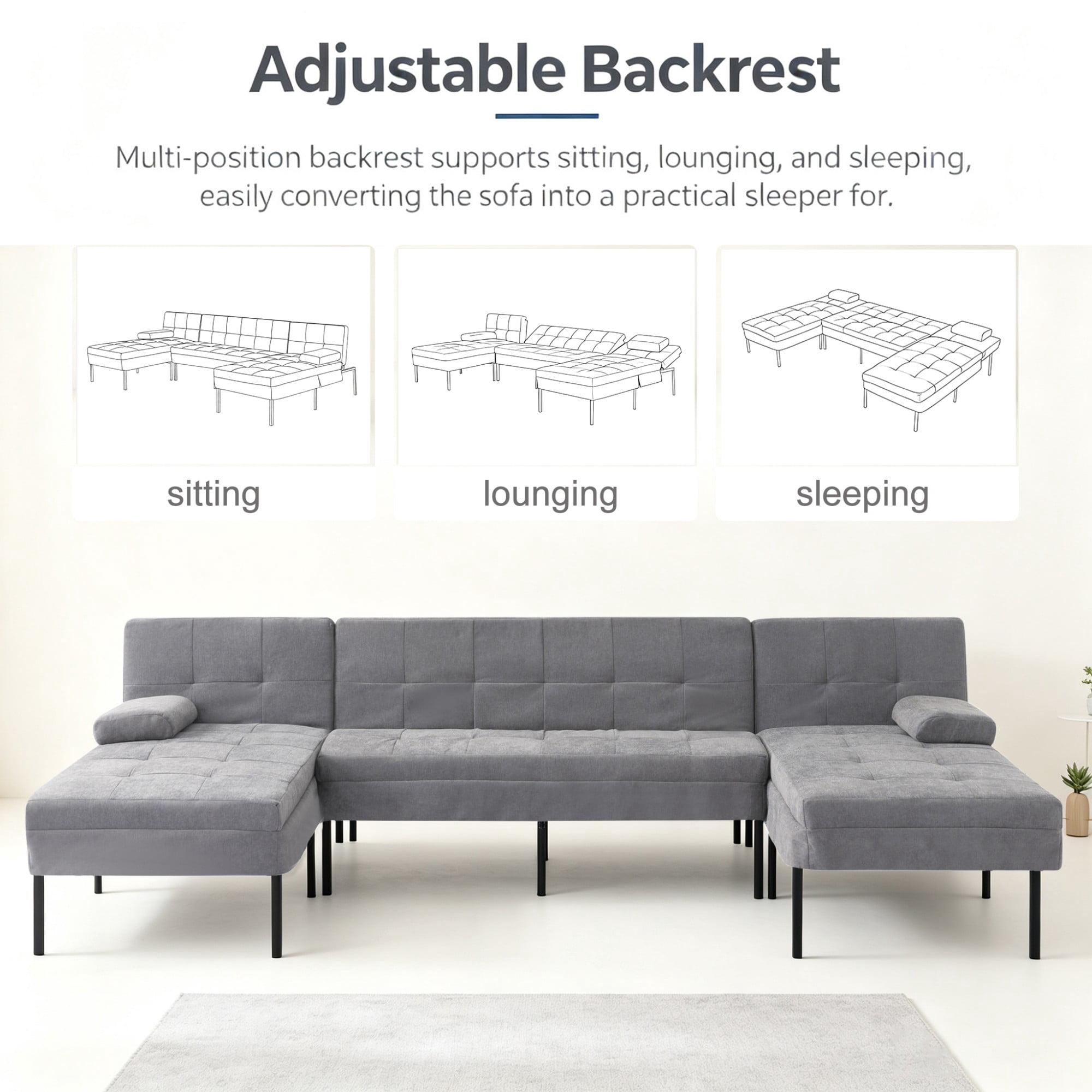 BSHTI 107.09" U Shape Sofa Bed with Adjustable Backrest, Soft 4 Seater Couch for Living Room(Dark Gray)