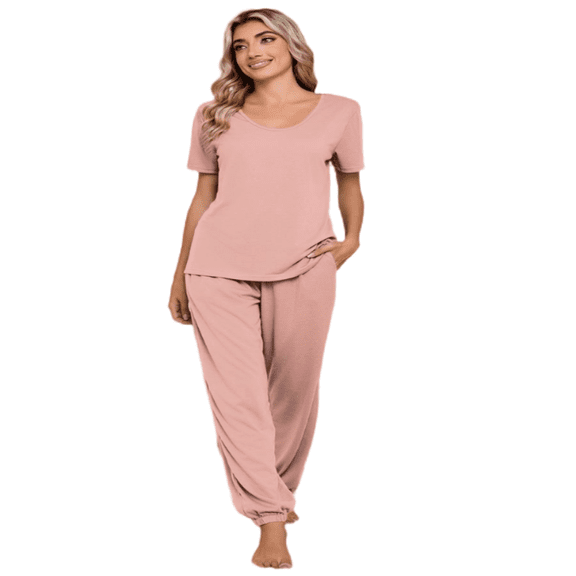LYMAYTER‌ Women's Pajama Sets Comfortable Short Sleeve Top Long Pants 2 Piece Soft Cotton Lounge Clothes