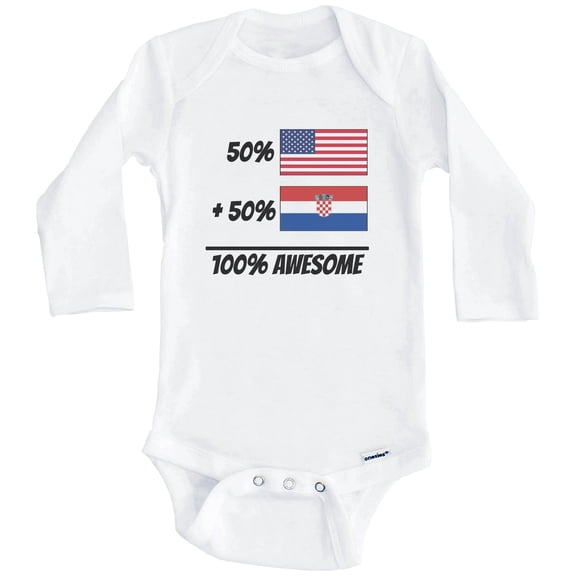 50% American Plus 50% Croatian Equals 100% Awesome Cute Croatia Flag One Piece Baby Bodysuit (Long Sleeve), 3-6 Months White