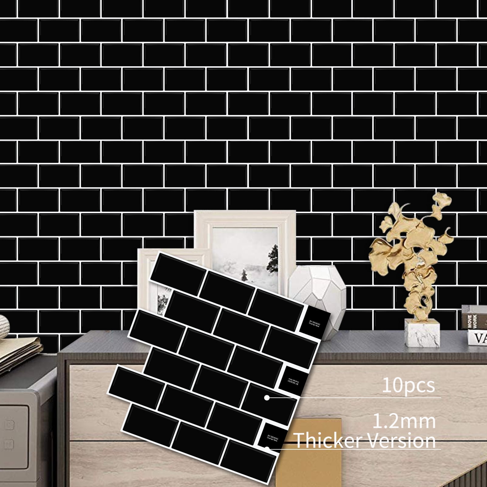 DEWOO Peel and Stick Backsplash - 10 Sheets of 12"×12" - 3D Adhesive Peel and Stick Tile Backsplash for Kitchen, Bathroom, Wall Tile, Black