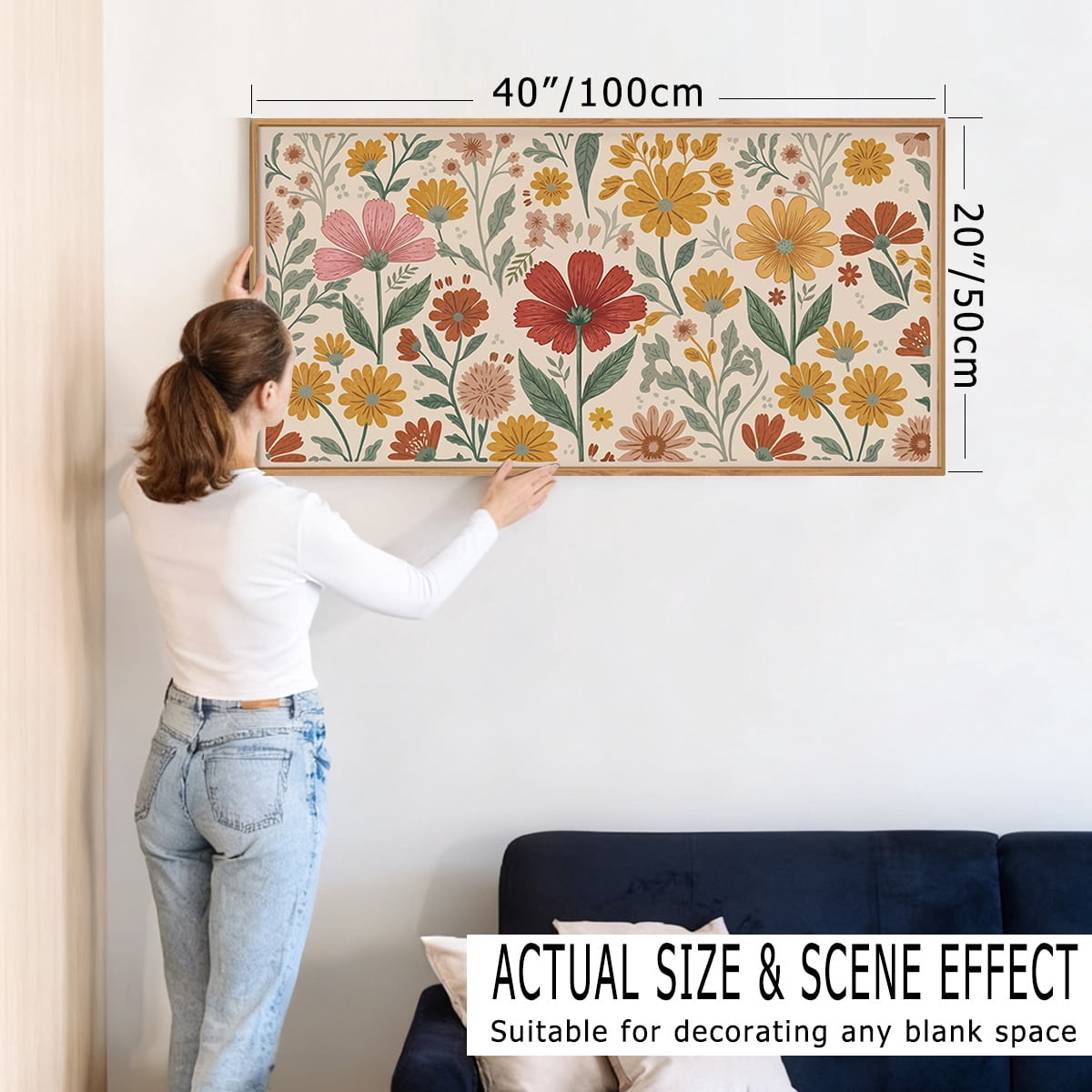 Boho Flower Wall Art Floral Wall Decor Framed Bloom Wall Painting Colorful Botanical Canvas Artwork for Living Room Bedroom Office 20X40 In