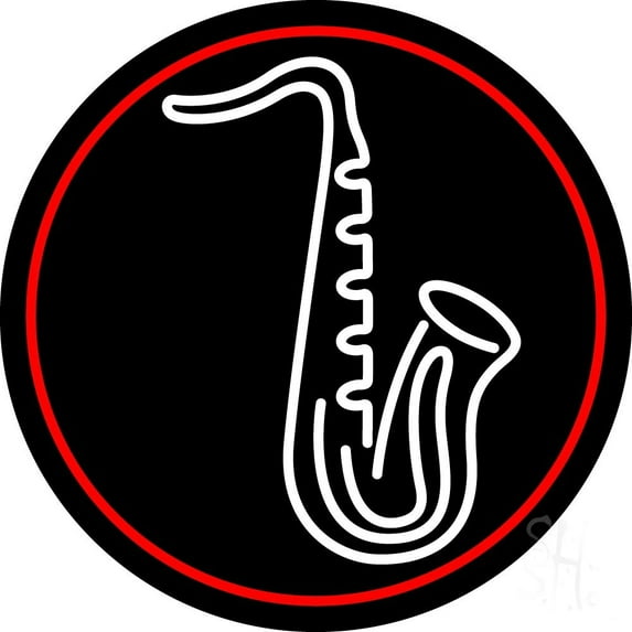 White Saxophone Red Border 1 LED Neon Sign 26" Tall x 26" Wide - inches Black Square Cut Acrylic Backing, with Dimmer - Premium built indoor Sign for Studio, Club, Décor, Event, Storefront.