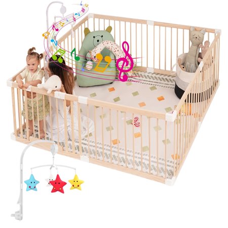 MEICHYUN Wooden Baby Gate Playpen,Interchangeable, Expandable Baby Playpen with Safety Gate,59"x59"
