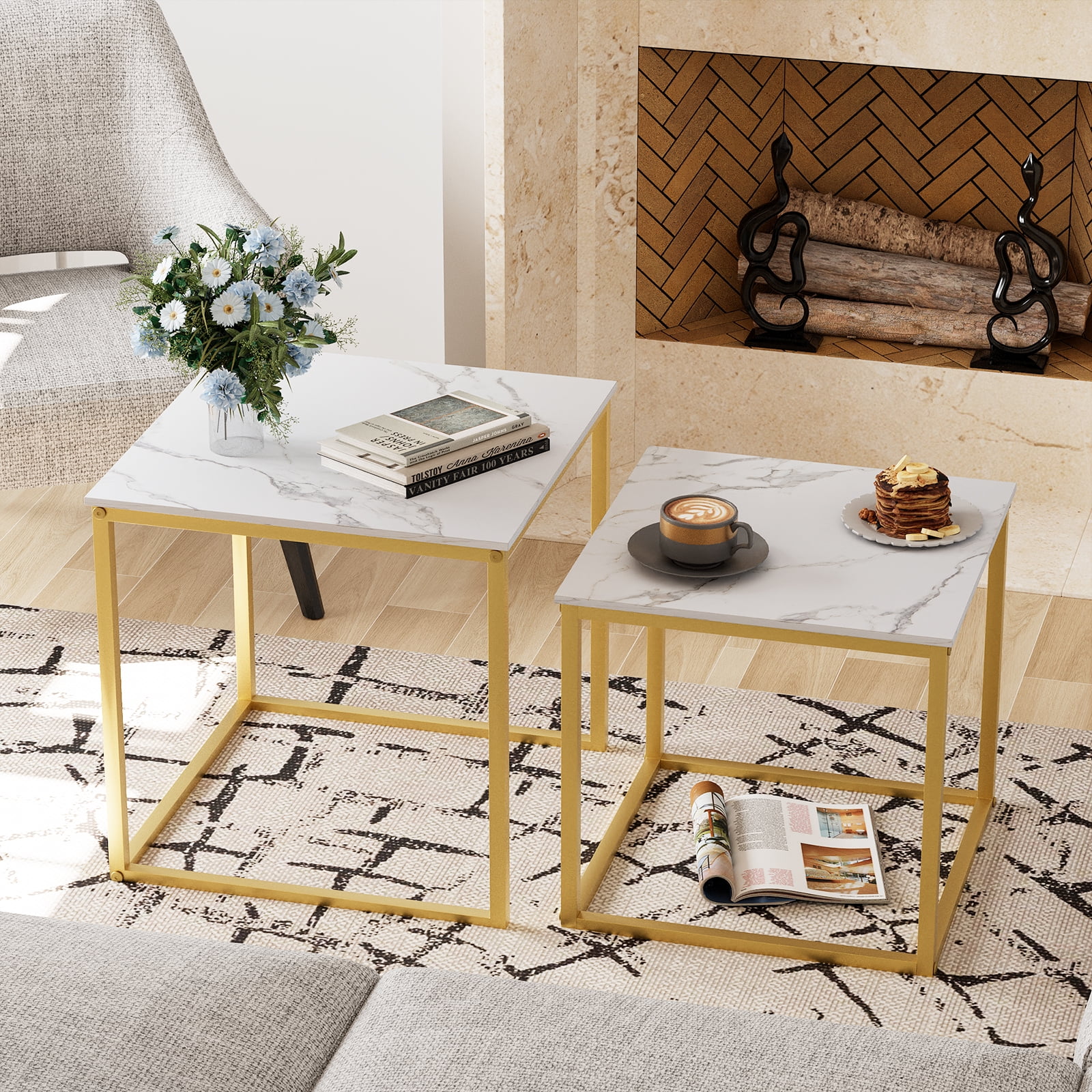 Coffee Table Set of 2, Modern Gold Wooden Side Table, Metal Frame Square End Table, Center Tables,Nesting Coffee Table for Living Room,Bedroom and Small Spaces
