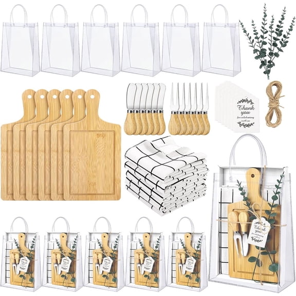 iMucci 6 Sets Wedding Party Favor Thank You Kit Includes Wooden Cheese Boards,Cheese Knives,Checkered Napkins ,Tote Bags,Eucalyptus Stems,Hanging Cards,Roll Jute Twine for Various Gatherings