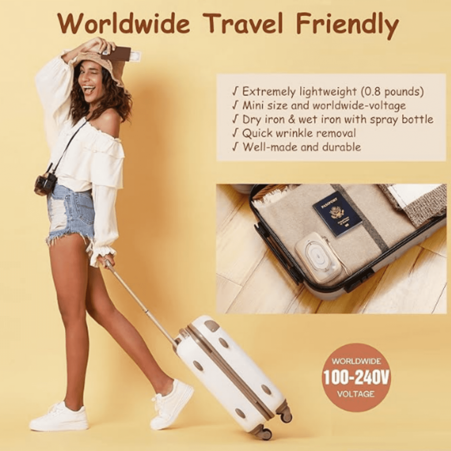Travel Iron with Global Voltage, 100-240V Mini Dry Iron for Clothes (No Steam), Max 300W, 60s Heat Up, 302℉ Non-Stick Ceramic Soleplate, 0.8lbs (Gold with Hard Case)