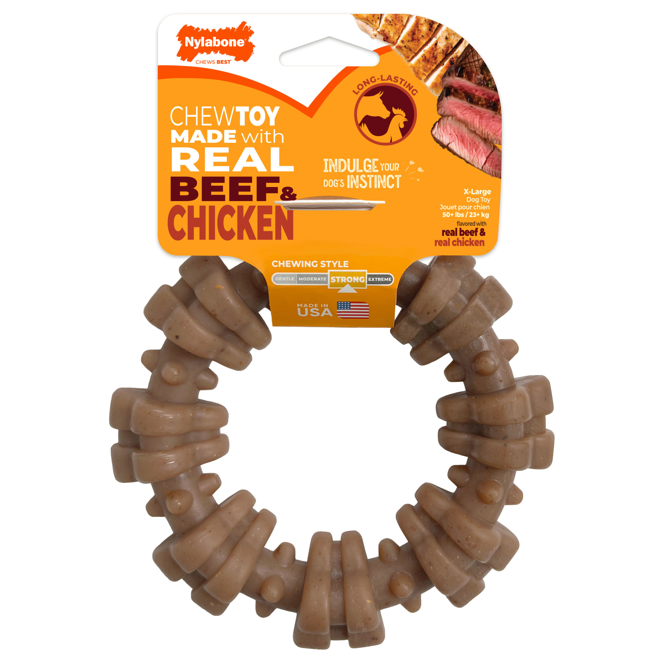 Nylabone Strong Chew Textured Ring Dog Toy, Dog Chew Toy, Made with Real Beef & Chicken Flavor, X-Large, 1 Count