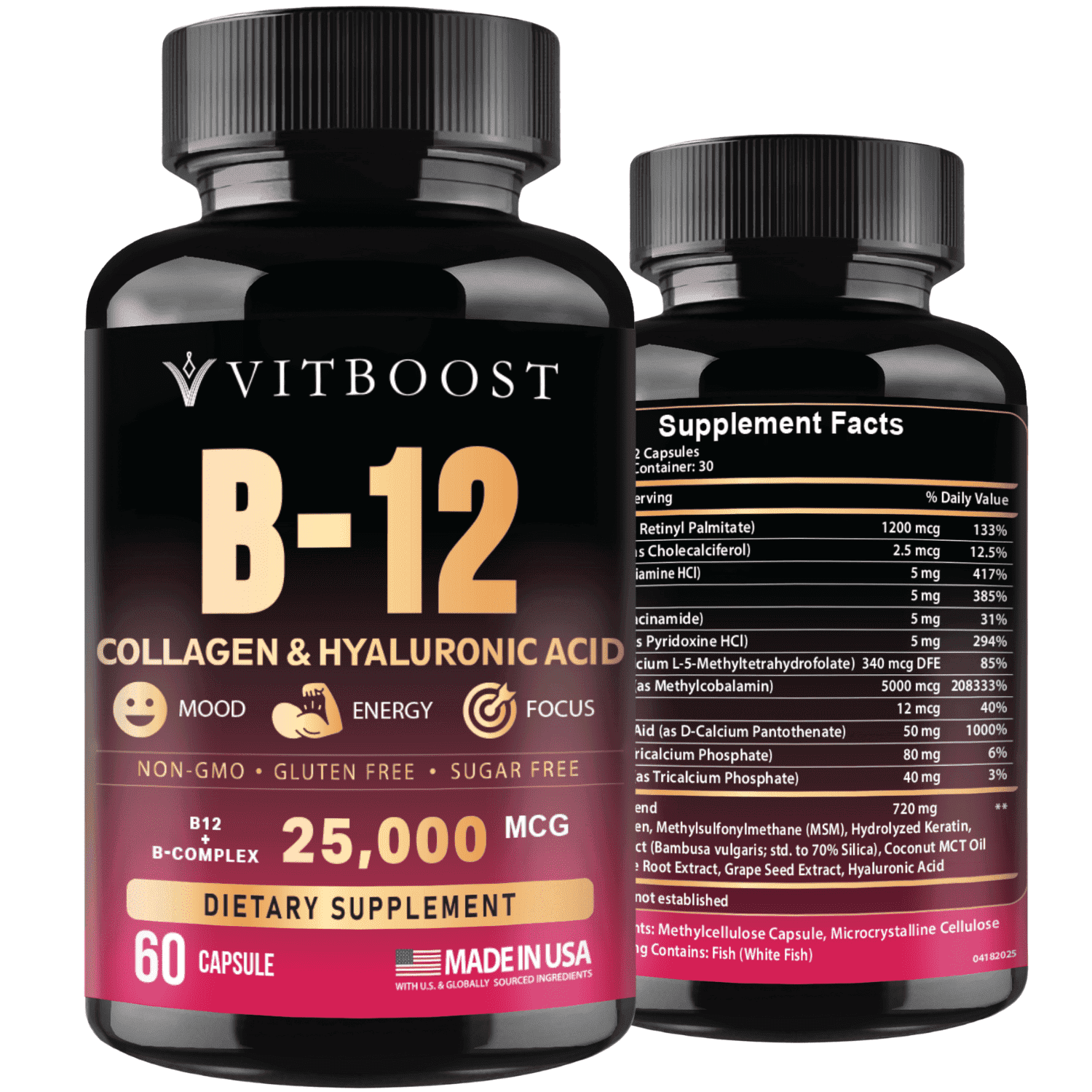 VITBOOST B12 Complex with Hyaluronic Acid, Collagen, Folate - 60 Capsules