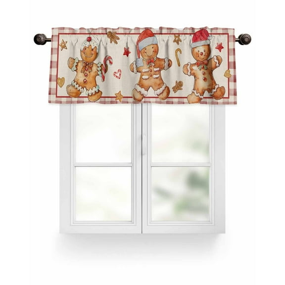 Vintage Christmas Gingerbread Man Kitchen Valances for Windows Beige Red Plaid Valance Curtains  for Kitchen /Living Room/Bedroom/ Bathroom Decor, 42"x12 " ,Rod Pocket 1 Panel,