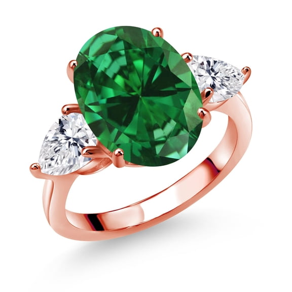 Gem Stone King 18K Rose Gold Plated Silver Green Created Emerald and Lab Grown Diamond Engagement Ring for Women | 5.04 Cttw | Oval 14X10MM | Gemstone May Birthstone | Size 9
