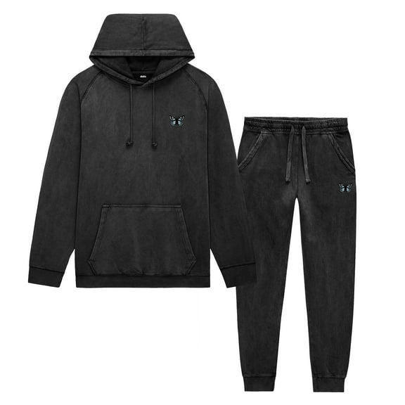 Dalix Butterfly Embroidery Washed Sweatsuit Set Hoodie Jogger Soft Fleece Relaxed Fit Lounge Womens in Black XS X-Small