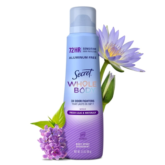 Secret Whole Body Women's Deodorant Aluminum Free Spray, Lilac & Waterlily 3.5oz