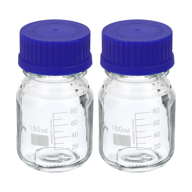 Unique Bargains Bouteille de Stockage en Verre Gradué 100mL Réactif Clair Capuchon Bleu 2 Pack