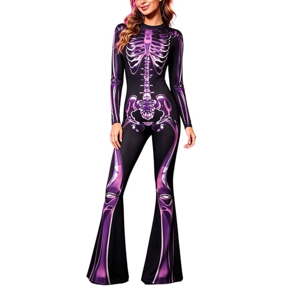 Wxolcjlv Women's Halloween Skeleton Bodysuit Long Sleeve Bell Bottom Flared Gothic Jumpsuit