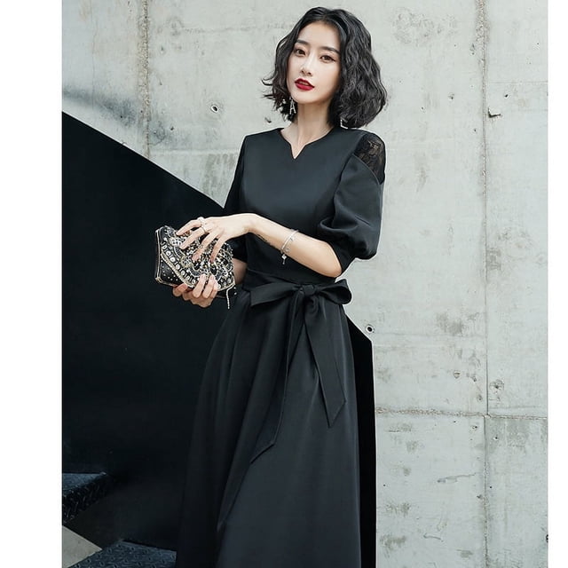 Vestido de noche negro para mujer, elegante, de largo medio, sencillo y generoso, para banquetes, talla grande