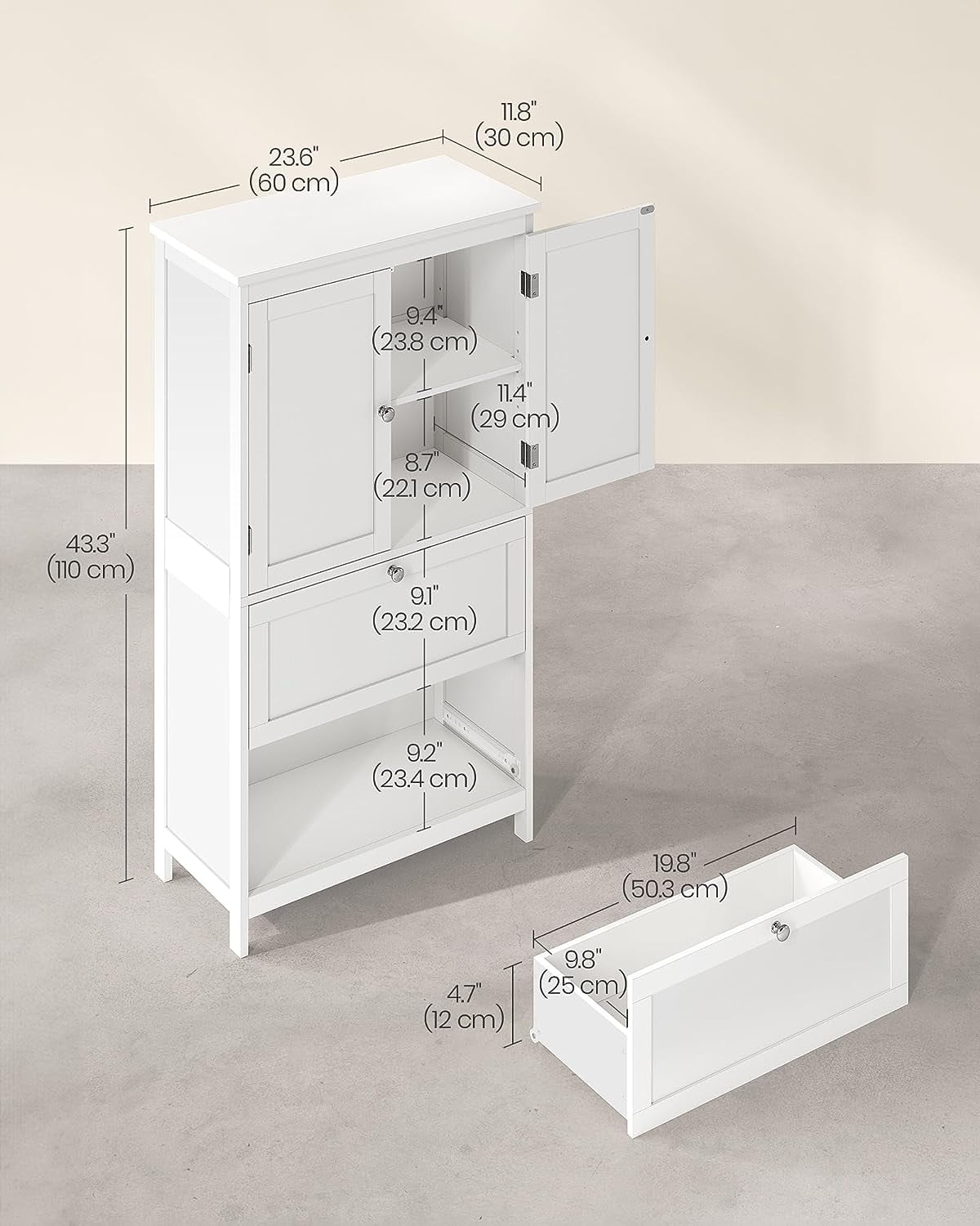 Floor Storage Cabinet, Storage Unit, Freestanding  Cabinet with 2 Drawers and 2 Doors, Adjustable Shelf, 11.8 x 23.6 x 43.3 Inches, White