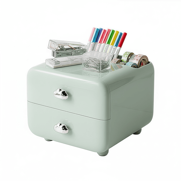 Desktop Storage Organizer with 2 Drawers, Multi‑Grid Pen Holder Mini Cabinet Desk Caddy for Stationery, Cosmetics and Small Trinkets for Home Office Dorm