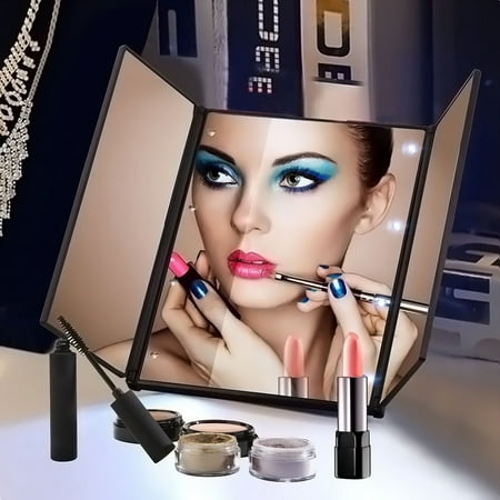 Combat Design - Makeup Mirror with Lights, TSV Makeup Mirror Stand Foldable Vanity Mirror with 8 LED Lights for Tri-fold Beauty Cosmetic Travel Compact Design