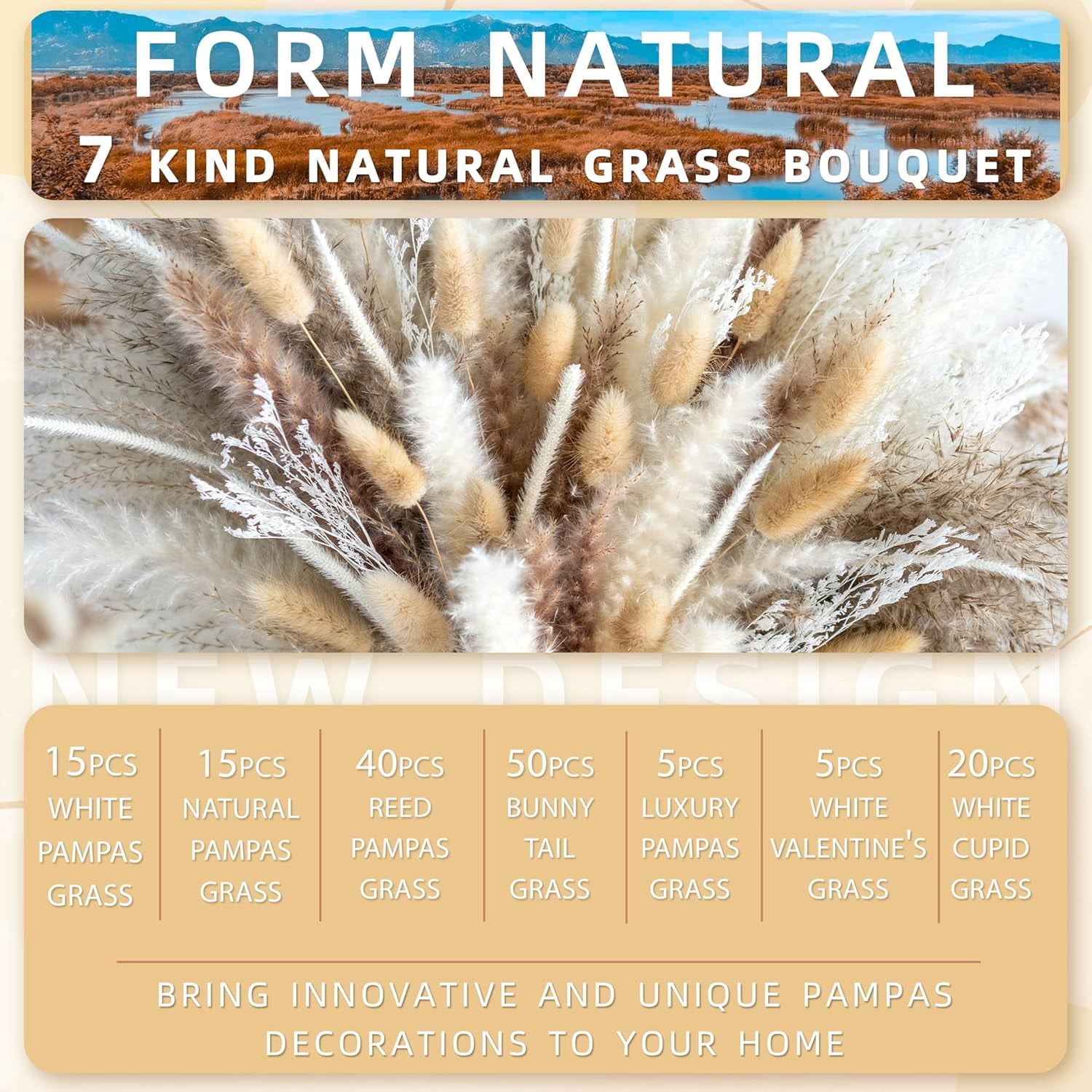 150PCS Natural Pampas Grass 8-Kind Mixed Bouquet | Dried Pampas Bouquet for Wedding, Boho Flowers, Home Table & Desk Decor, Rustic Farmhouse Decor