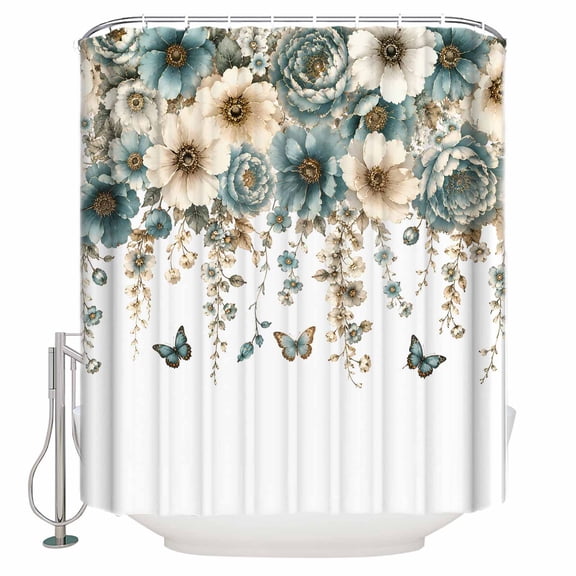 Teal Floral Bathroom Shower Curtains with 12 Hooks Polyester Waterproof Shower Curtain for Stalls and Bathtubs Weeping Beige Turquoise Flowers Summer Decorative Bathroom Privacy Curtain 48x72 Inches