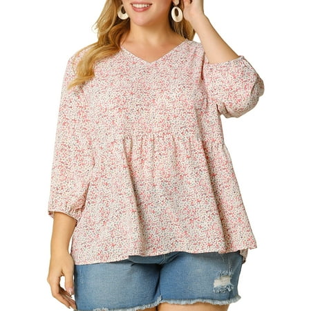 Agnes Orinda Women s Plus Size Babydoll Tops V Neck Floral Lantern 3/4 Sleeve Shirts Peplum Blouses 2X Pink