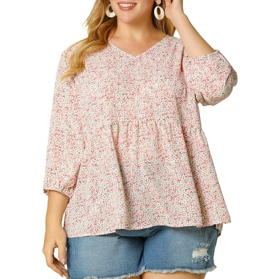 Agnes Orinda Women's Plus Size Babydoll Tops V Neck Floral Lantern 3/4 Sleeve Shirts Peplum Blouses 2X Pink
