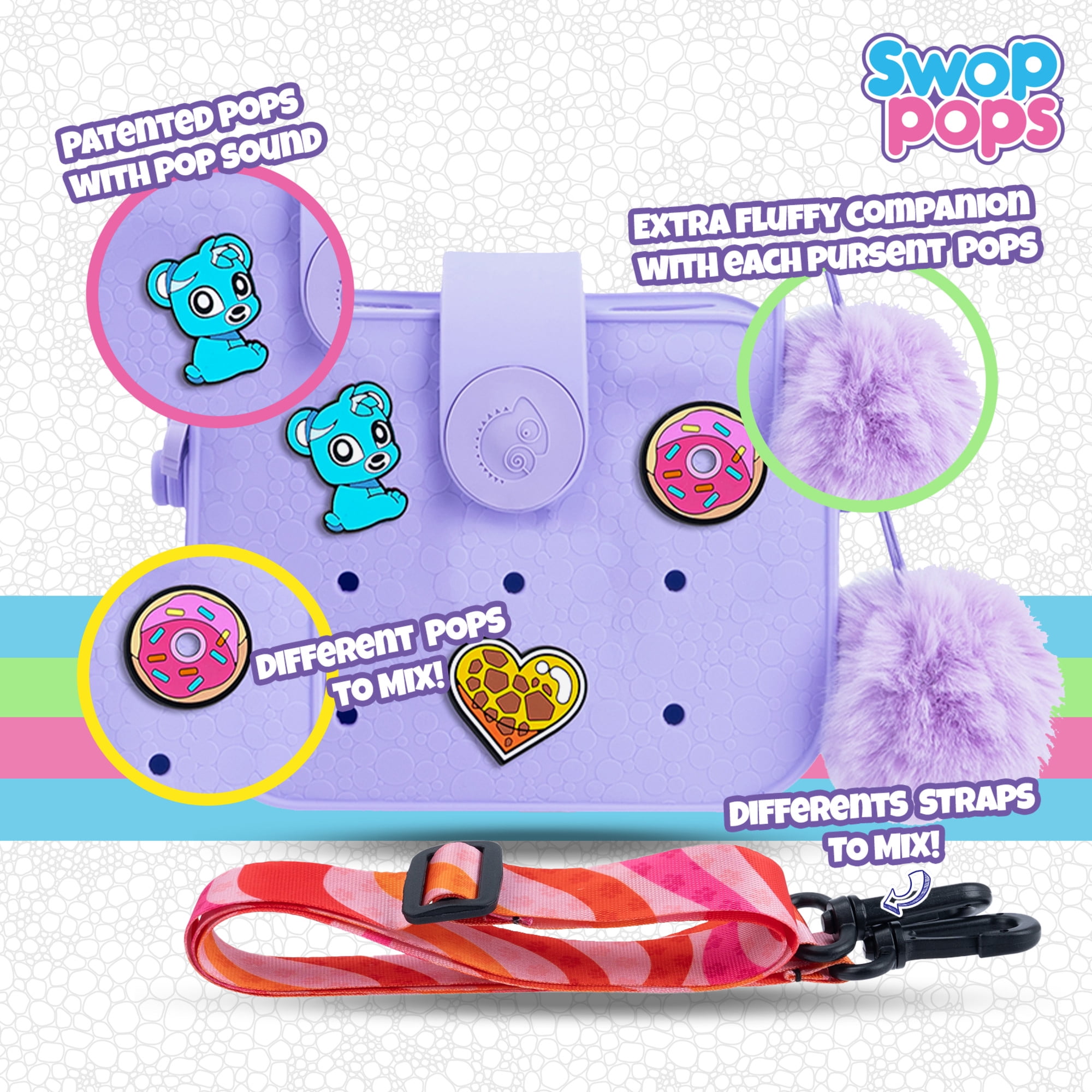 Swop Pop Ultimate Handbag Set - Fashion Play Toy with Pops, Badges, Strap & Fluffy Pompom - Girls Mix & Match Toy for Creative Expression, Trendy Dress Up Purse & Collectible Bag for Kids (Purple)
