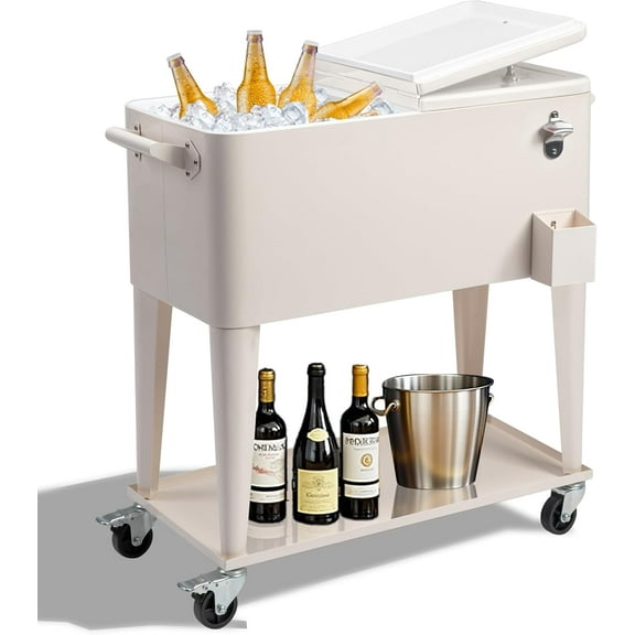 YUONAO 80 Quart Rolling Ice Chest with Bottle Opener & Catch Basin, Portable Outdoor Bar Cooler Cart for Patio, BBQ, Beach Parties, Backyard Events - Milk White