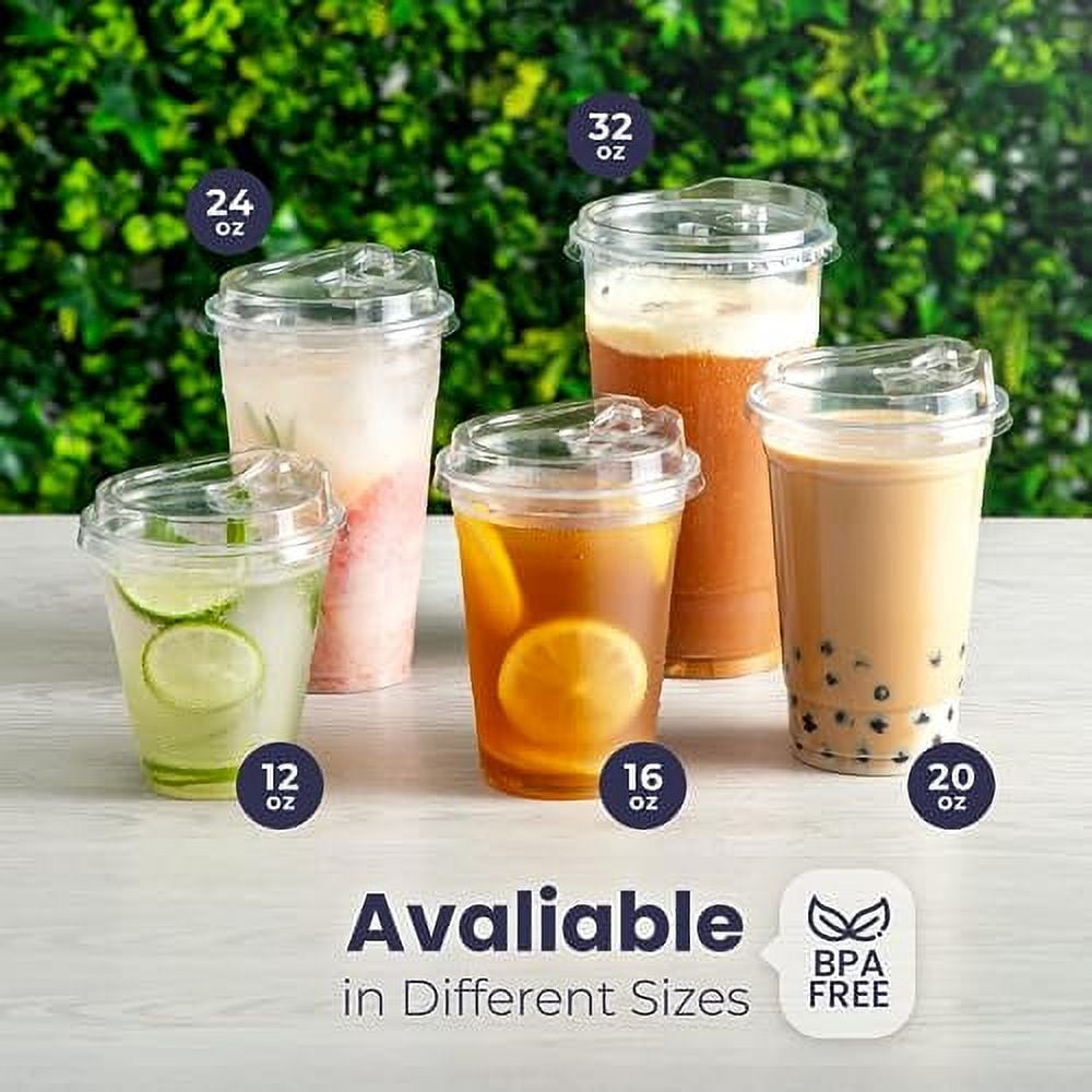 LONGRV Clear Plastic Cups with Straw Slot Lid , PET Crystal Clear  Disposable Cups 20 oz for Iced Cold Drinks Coffee Tea Smoothie Bubble Boba  