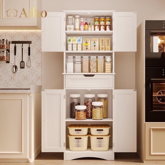 Aiho 66" H Kitchen Pantry Cabinet with 2 Doors & 1 Drawer & 3 Shelves, Solid & Sturdy, Storage Cabinet for Entryway, Kitchen - White
