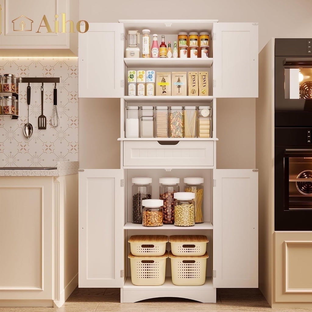 Aiho 66" H Kitchen Pantry Cabinet with 2 Doors & 1 Drawer & 3 Shelves, Solid & Sturdy, Storage Cabinet for Entryway, Kitchen - White