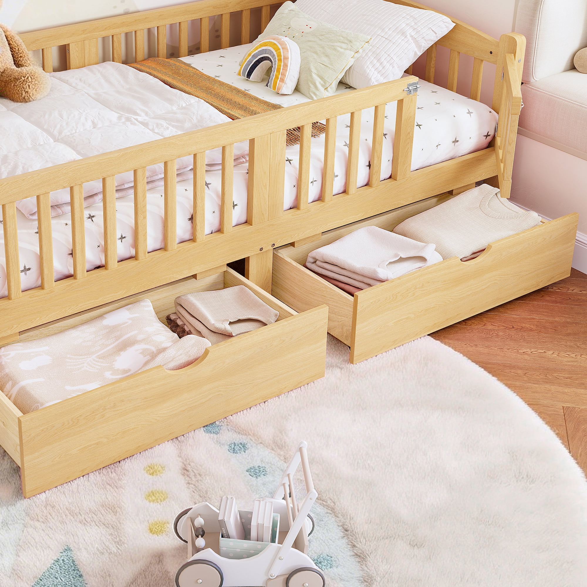 Miniyam Twin Platform Bed with Guardrails and Storage Drawers for Kids, Safe and Sturdy Bed for Children, Natural