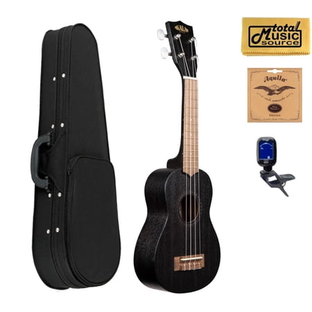 Kala KA-15S BLK Satin Mahogany Soprano Ukulele (Black), Soft Case Bundle