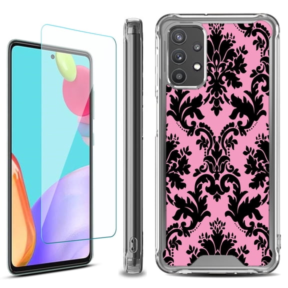 Shockproof Bumper Phone Case for Samsung Galaxy A53 5G, with Tempered Glass Screen Protector, by OneToughShield ® - Victorian Pink/Black