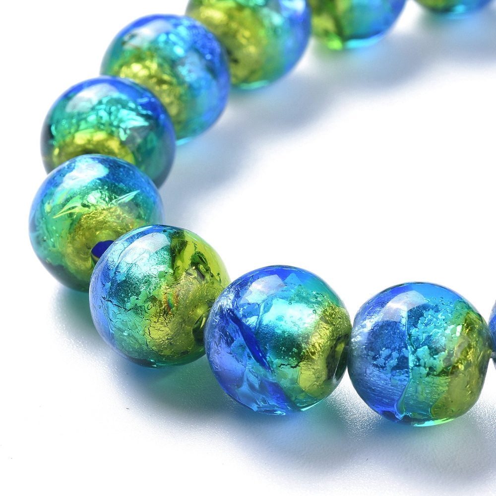 40 pc Handmade Silver Foil Lampwork Beads Luminous Glow in the Dark Round Blue 10mm Hole: 1.4mm