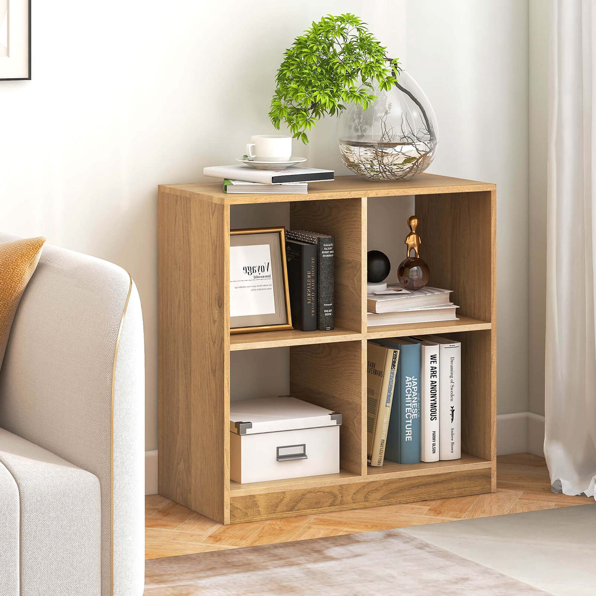 Costway Kids Toy Storage Organizer 4-Cube Wooden Display Bookcase with Anti-toppling Device Natural