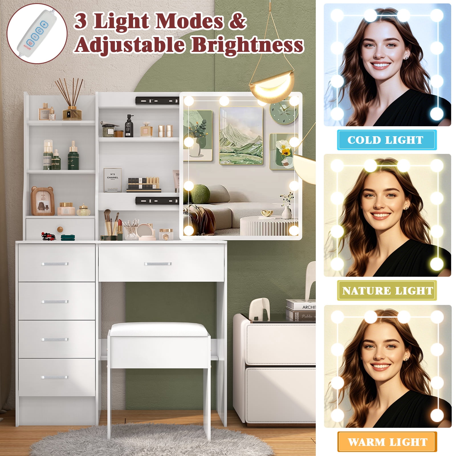 Caulitar Modern Makeup Vanity Set with Lights and Mirror, Vanity Desk with 6-Drawers and Stool, White