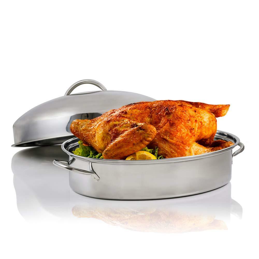 Ovente Oval Roasting Pan 16 Inch Stainless Steel Non Stick Coated Tray