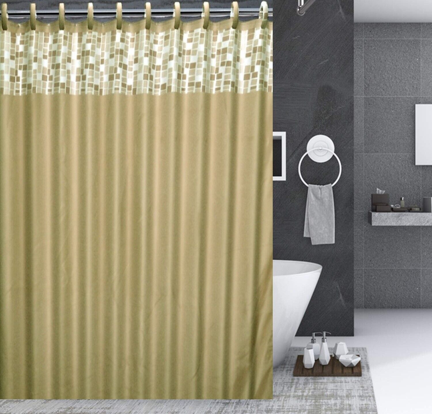 17 Pieces Bathroom Complete Set Shower Curtain with Hooks and Ceramic Accessories Set ( Mosaic Taupe )