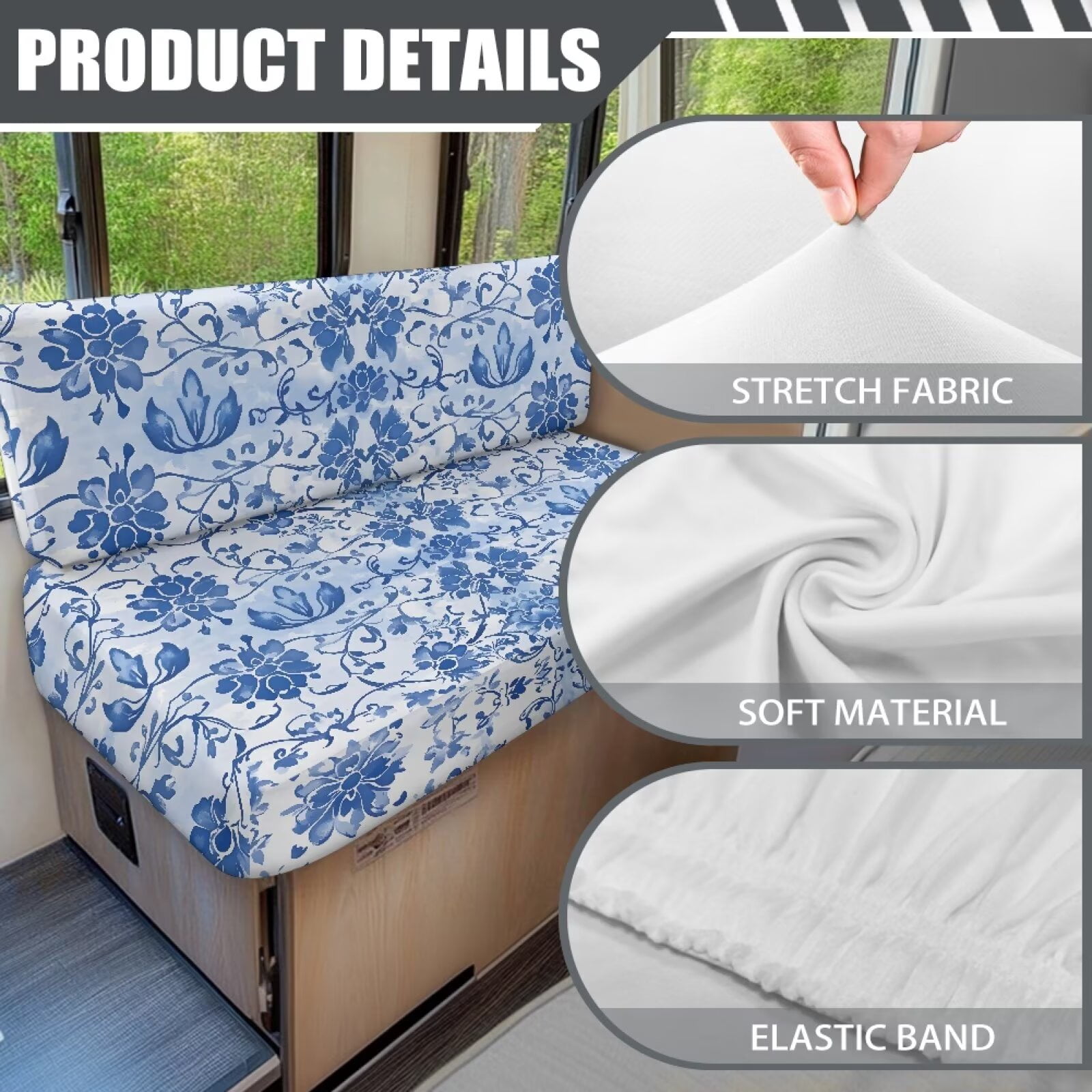 Boatee Beautiful Flower Patterns RV Dinette Cushion Covers Washable RV Furniture Comfortable Loveseat Sofa Chair Cover Furniture Protector Easy to Install Blue